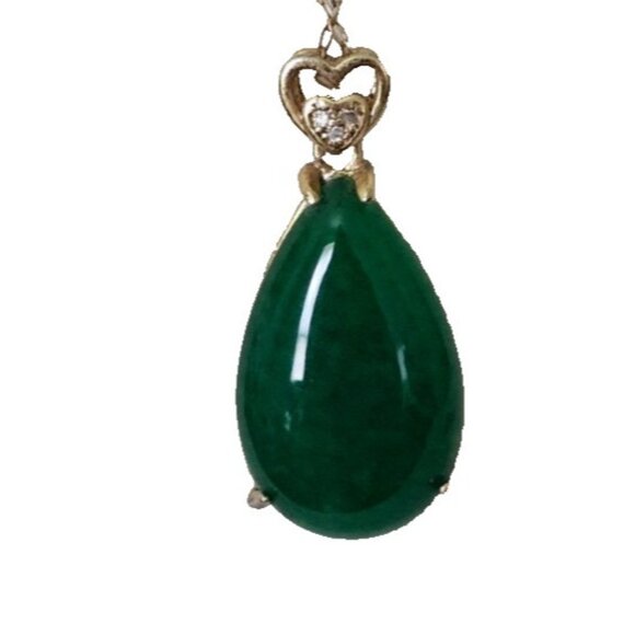 Gold Tone Jadeite Pendant 1" Teardrop, Heart Detail, Crystal Accent, 18" Chain - Picture 1 of 5